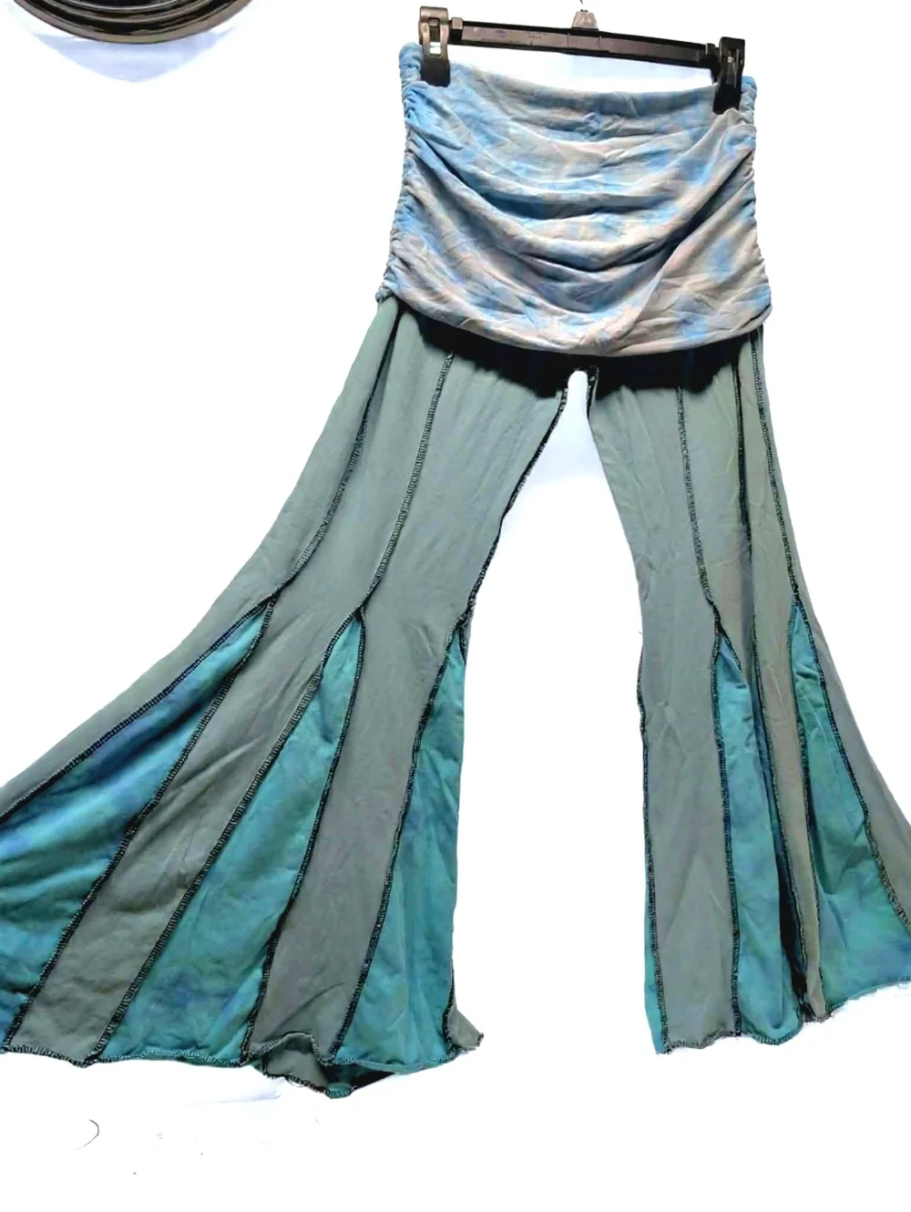 1 Of 1, Foldover Bell Bottom Tie Dye Boho High-Waist Flared Pants in Teal Blue - Picture 2 of 7